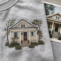 Custom Childhood Home Photo Embroidered T-Shirt - Personalized Family Memory Gift embroidery detail image with custom left chest embroidery based on childhood home front porch photo
