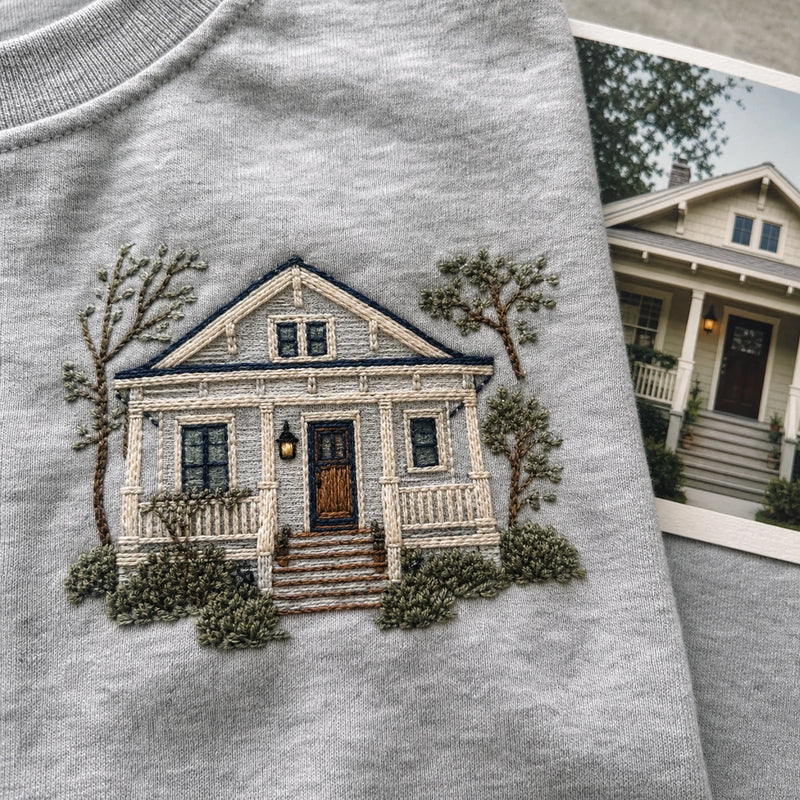 Custom Childhood Home Photo Embroidered T-Shirt - Personalized Family Memory Gift embroidery detail image with custom left chest embroidery based on childhood home front porch photo