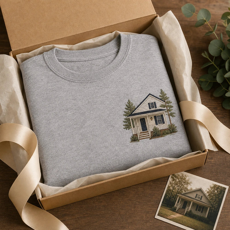 Custom Childhood Home Photo Embroidered T-Shirt - Personalized Family Memory Gift gift display image with custom left chest embroidery based on childhood home front porch photo