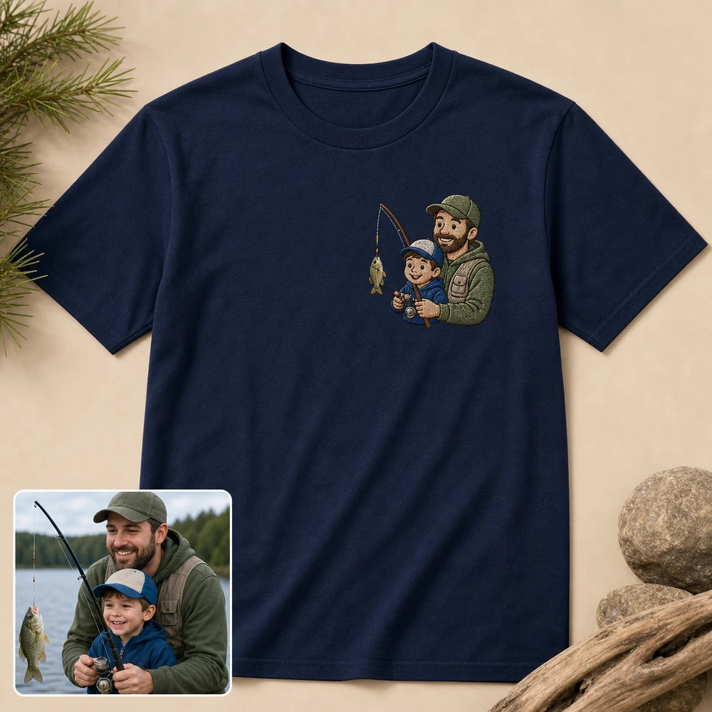 Custom fishing dad cartoon portrait embroidery T-shirt main product view