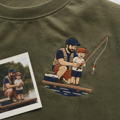 Custom fishing dad cartoon portrait embroidery detail