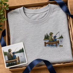 Custom fishing dad embroidered T-shirt gift-ready presentation