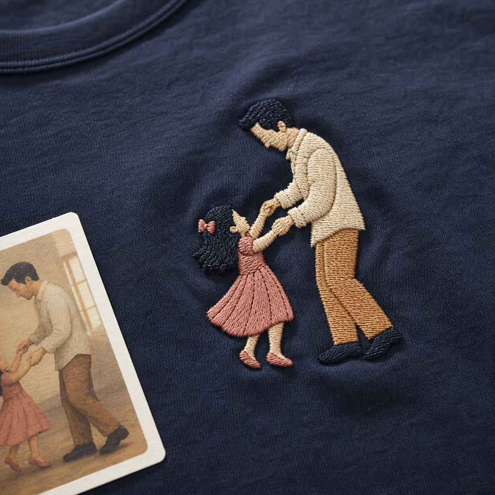 Custom Dad and Daughter Dance Embroidered T-Shirt - Personalized Dad Gift embroidery detail image with custom left chest embroidery
