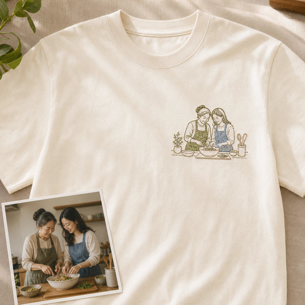 Custom Mom and Me Kitchen Photo Embroidered T-Shirt - Personalized Mom Gift main product image with custom left chest embroidery based on mom and child cooking photo