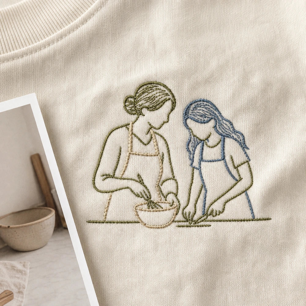 Custom Mom and Me Kitchen Photo Embroidered T-Shirt - Personalized Mom Gift embroidery detail image with custom left chest embroidery based on mom and child cooking photo