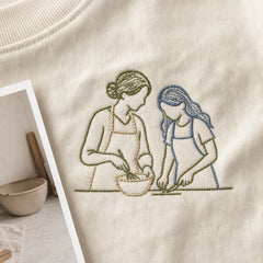 Custom Mom and Me Kitchen Photo Embroidered T-Shirt - Personalized Mom Gift embroidery detail image with custom left chest embroidery based on mom and child cooking photo