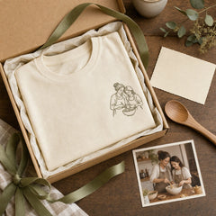Custom Mom and Me Kitchen Photo Embroidered T-Shirt - Personalized Mom Gift gift display image with custom left chest embroidery based on mom and child cooking photo