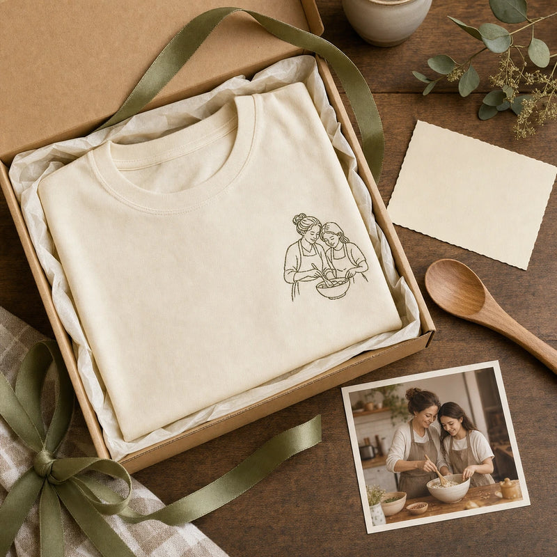 Custom Mom and Me Kitchen Photo Embroidered T-Shirt - Personalized Mom Gift gift display image with custom left chest embroidery based on mom and child cooking photo