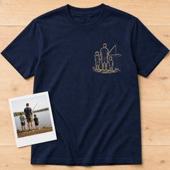 Custom Fishing Dad Photo Outline Embroidered T-Shirt - Personalized Father's Day Gift main product image with custom left chest embroidery based on dad and kids fishing by a lake photo