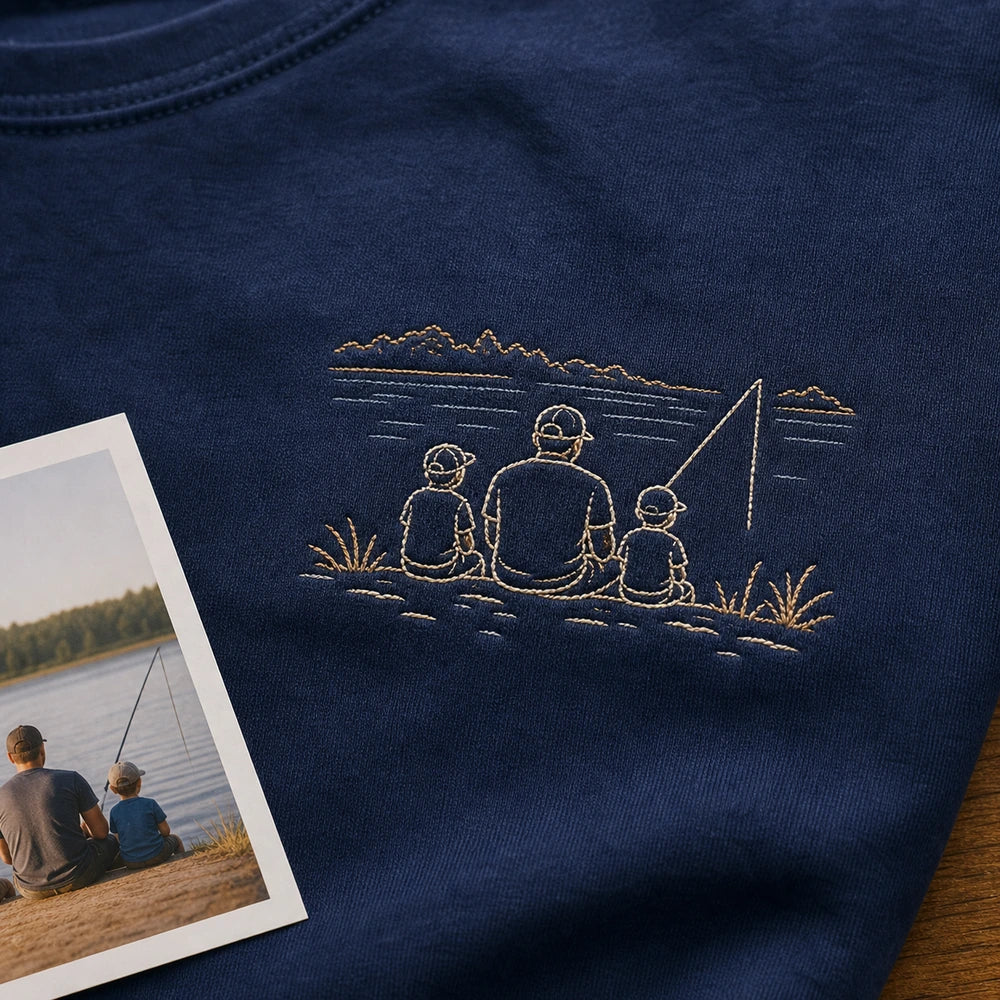 Custom Fishing Dad Photo Outline Embroidered T-Shirt - Personalized Father's Day Gift embroidery detail image with custom left chest embroidery based on dad and kids fishing by a lake photo