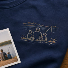 Custom Fishing Dad Photo Outline Embroidered T-Shirt - Personalized Father's Day Gift embroidery detail image with custom left chest embroidery based on dad and kids fishing by a lake photo
