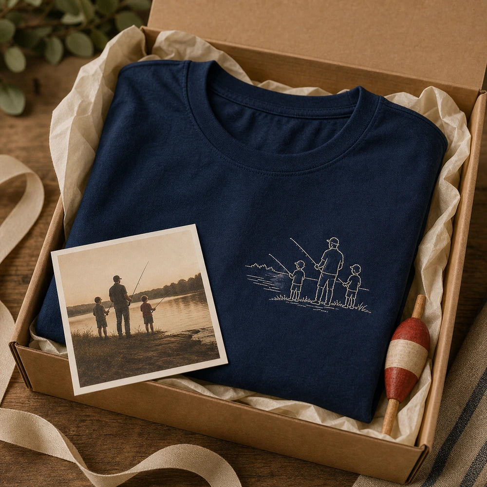 Custom Fishing Dad Photo Outline Embroidered T-Shirt - Personalized Father's Day Gift gift display image with custom left chest embroidery based on dad and kids fishing by a lake photo