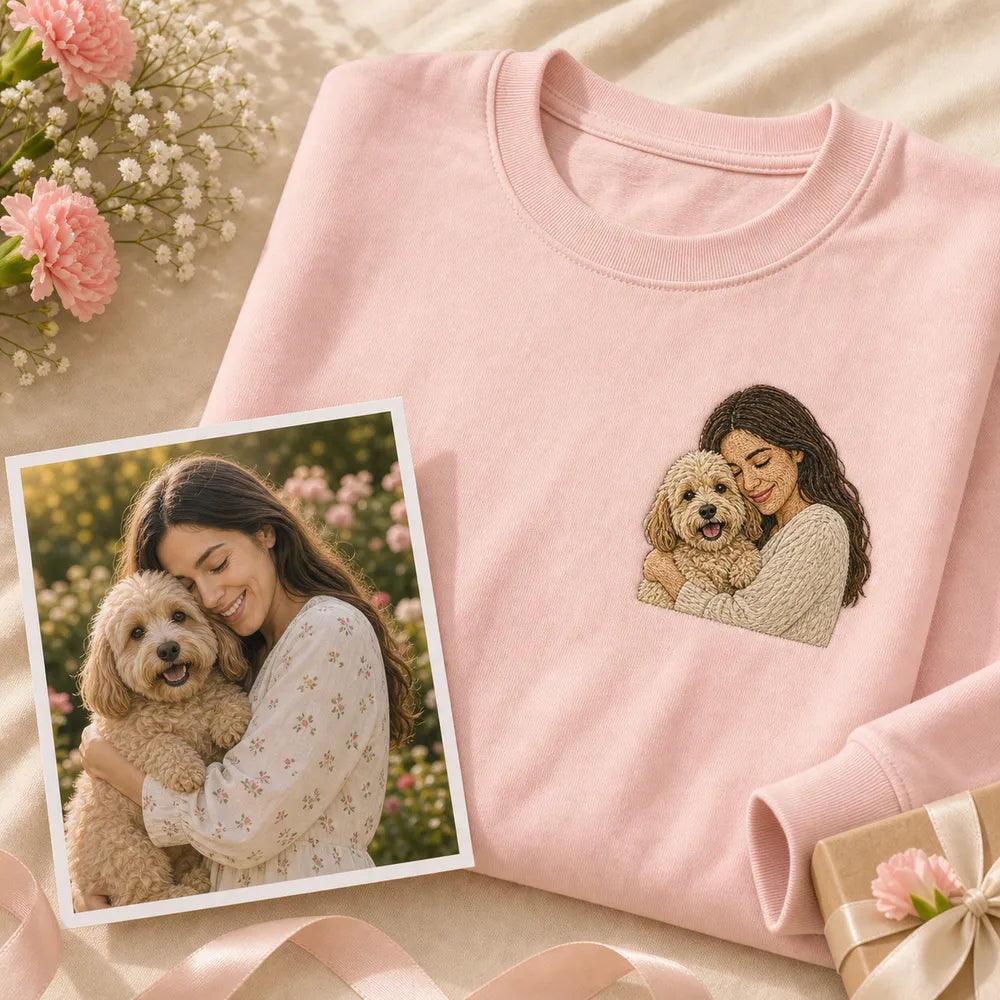 Custom dog mom embroidered sweatshirt with left chest pet portrait embroidery