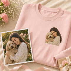 Custom dog mom embroidered sweatshirt with left chest pet portrait embroidery