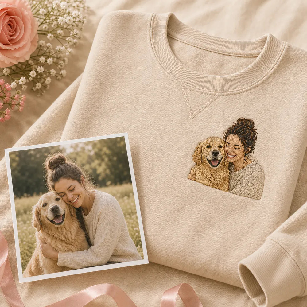 Custom dog mom embroidered sweatshirt with left chest pet portrait embroidery