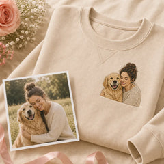 Custom dog mom embroidered sweatshirt with left chest pet portrait embroidery
