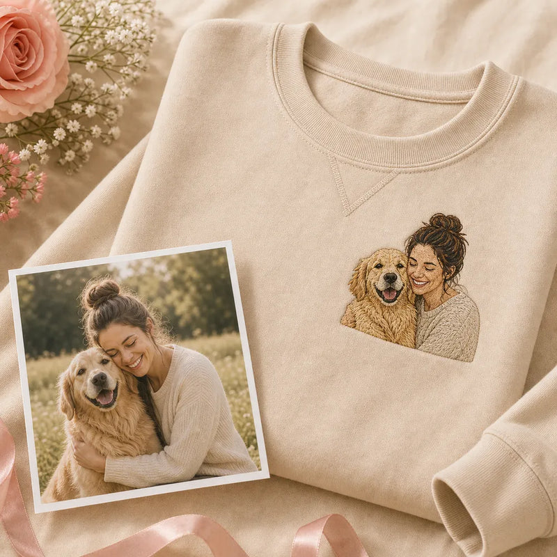 Custom dog mom embroidered sweatshirt with left chest pet portrait embroidery