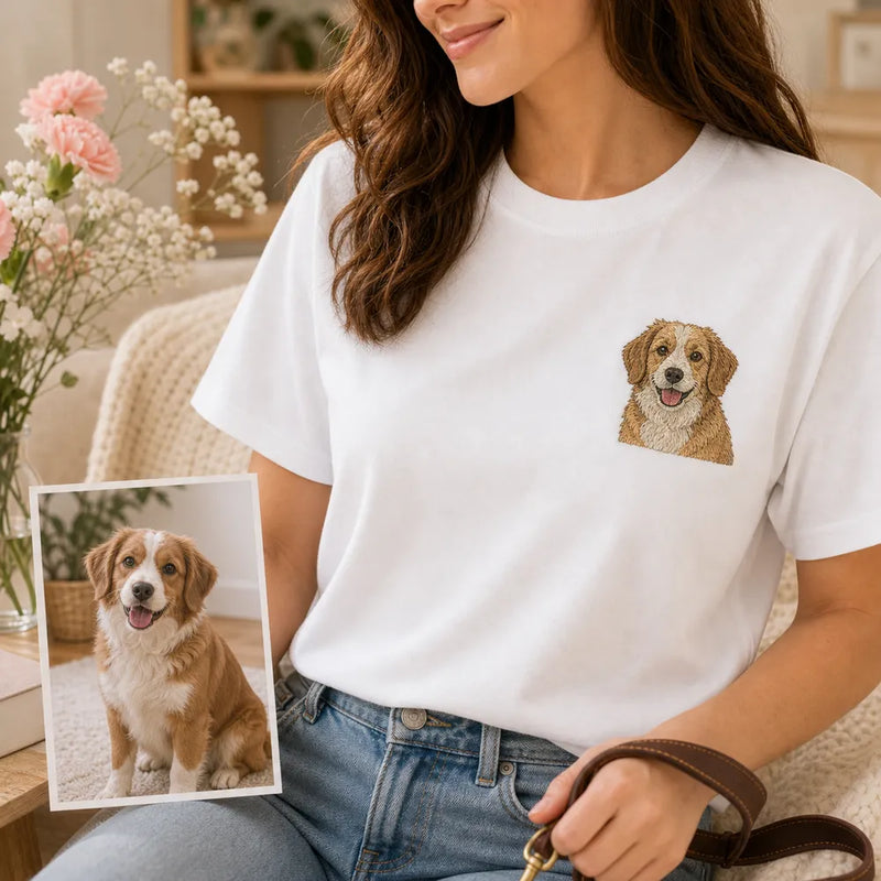 Custom dog mom embroidered sweatshirt with left chest pet portrait embroidery