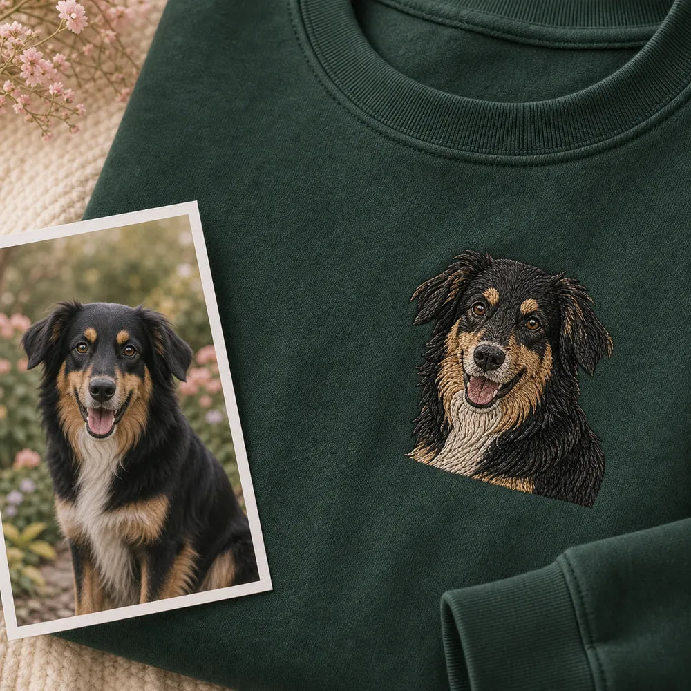 Custom dog mom embroidered sweatshirt with left chest pet portrait embroidery