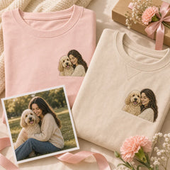 Custom dog mom embroidered sweatshirt with left chest pet portrait embroidery