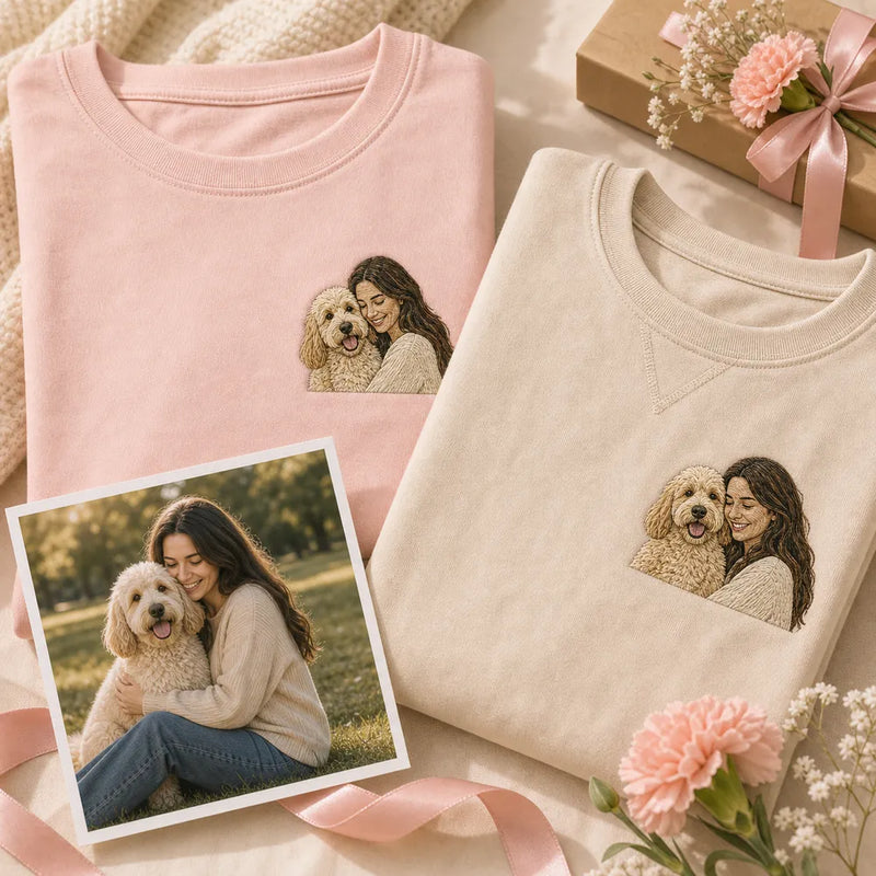 Custom dog mom embroidered sweatshirt with left chest pet portrait embroidery