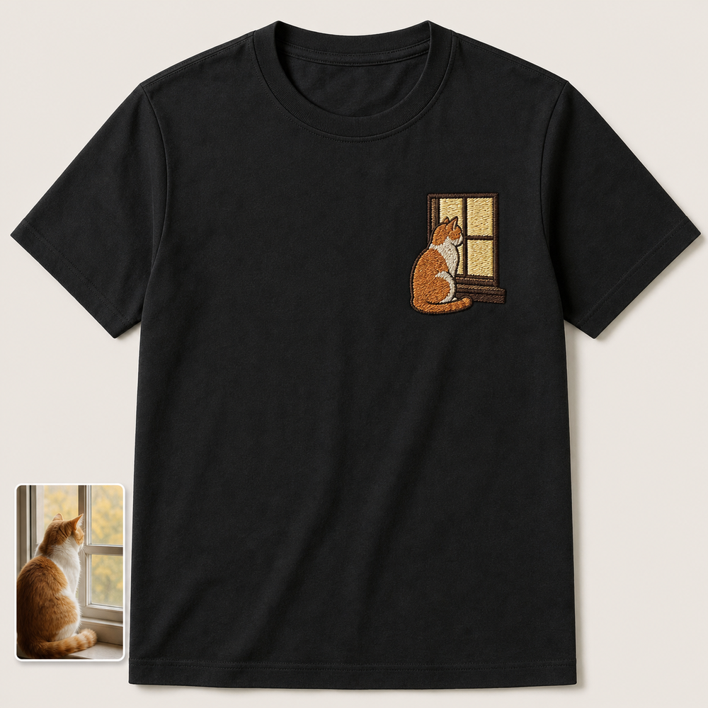 Custom cat window portrait embroidered T-shirt main image with source cat photo card