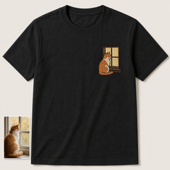 Custom cat window portrait embroidered T-shirt main image with source cat photo card