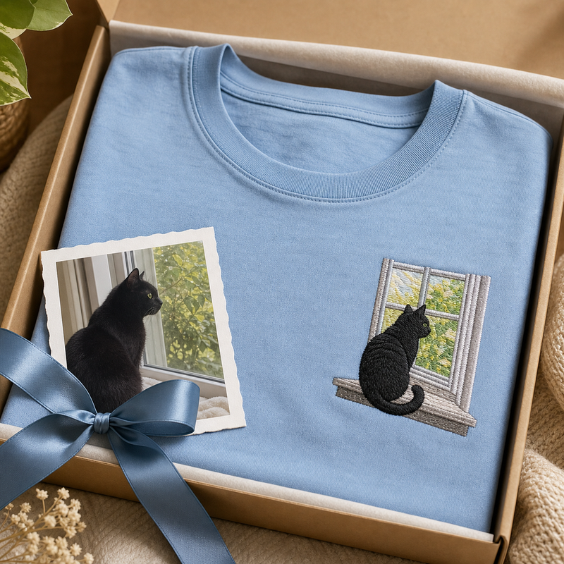 Custom cat window portrait embroidered T-shirt gift detail with left chest embroidery