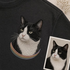 Custom Rainbow Bridge pet portrait embroidery detail