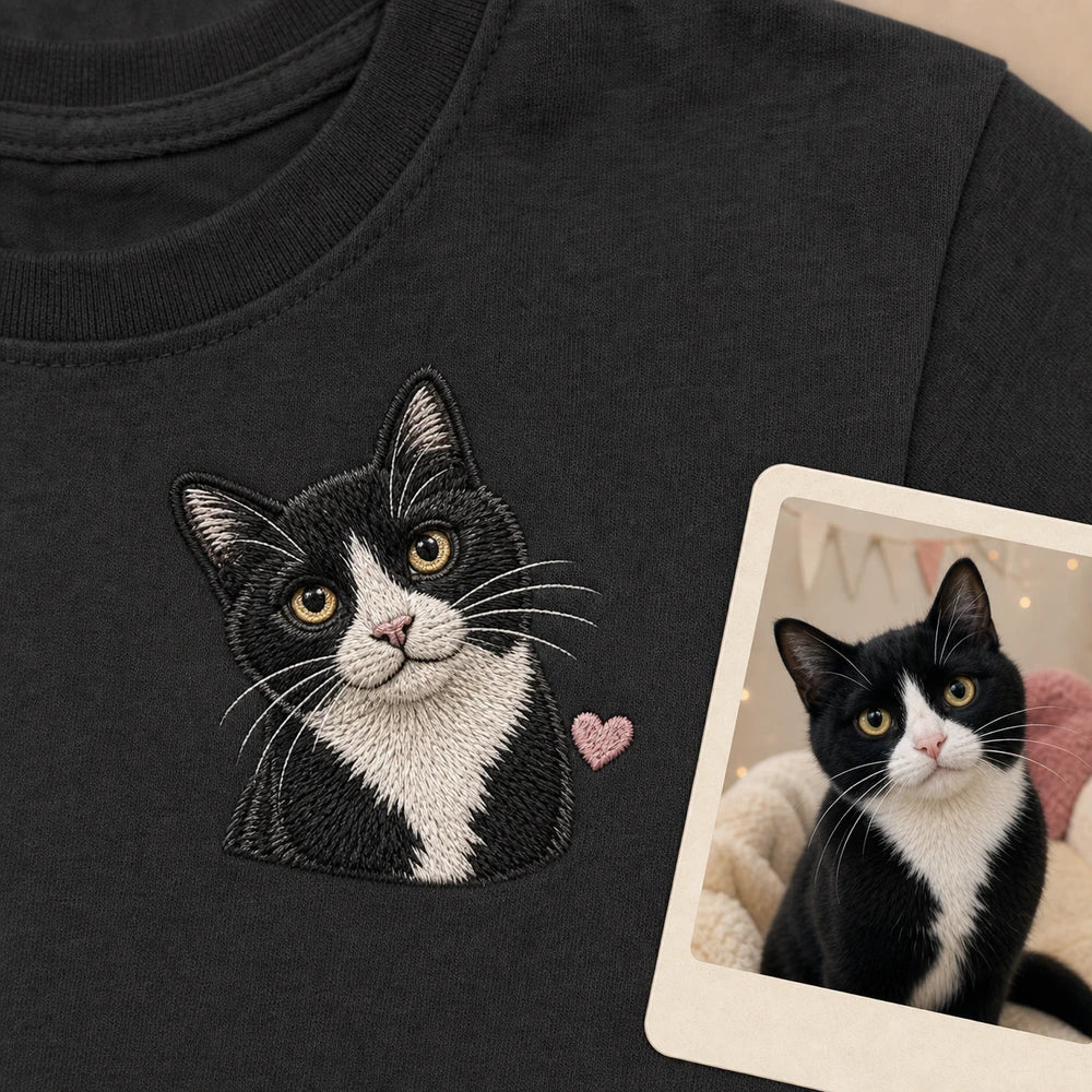 Custom pet adoption portrait embroidery detail