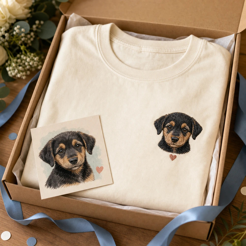 Custom pet adoption embroidered T-shirt gift-ready presentation