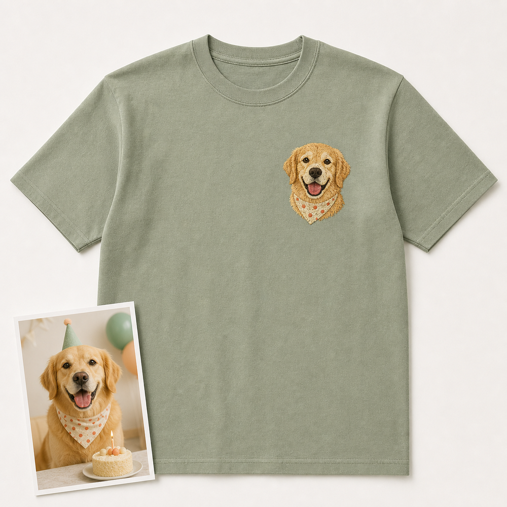 Custom Pet Birthday Portrait Embroidered T-Shirt - Personalized Pet Birthday Gift main product image with custom left chest embroidery