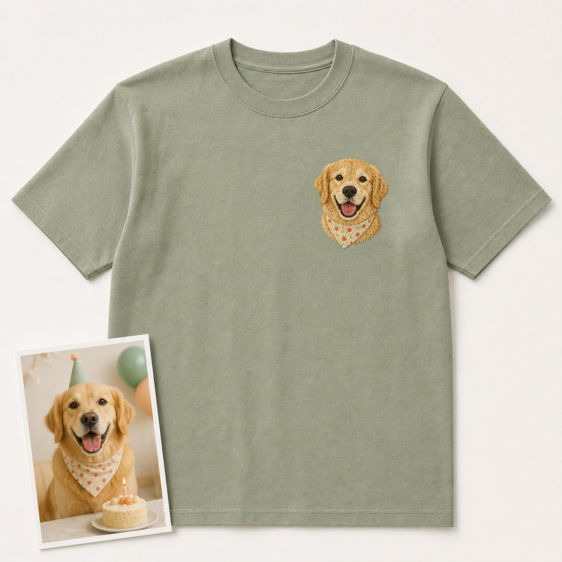 Custom Pet Birthday Portrait Embroidered T-Shirt - Personalized Pet Birthday Gift main product image with custom left chest embroidery