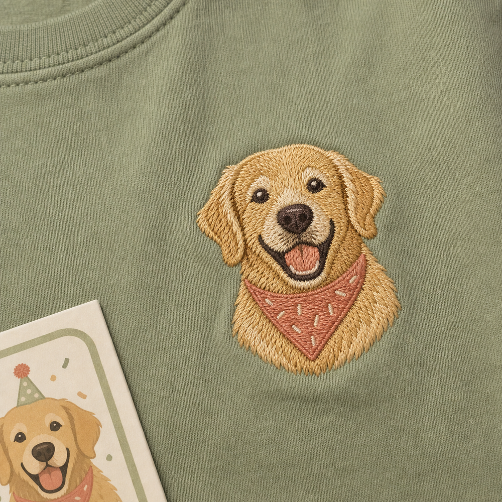 Custom Pet Birthday Portrait Embroidered T-Shirt - Personalized Pet Birthday Gift embroidery detail image with custom left chest embroidery