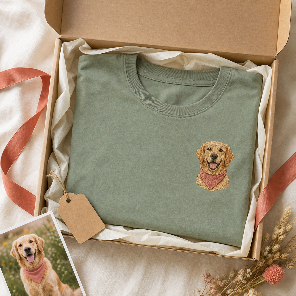 Custom Pet Birthday Portrait Embroidered T-Shirt - Personalized Pet Birthday Gift gift display image with custom left chest embroidery