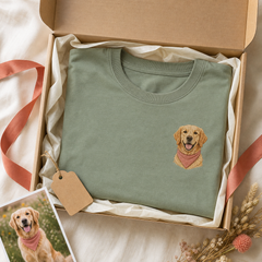 Custom Pet Birthday Portrait Embroidered T-Shirt - Personalized Pet Birthday Gift gift display image with custom left chest embroidery