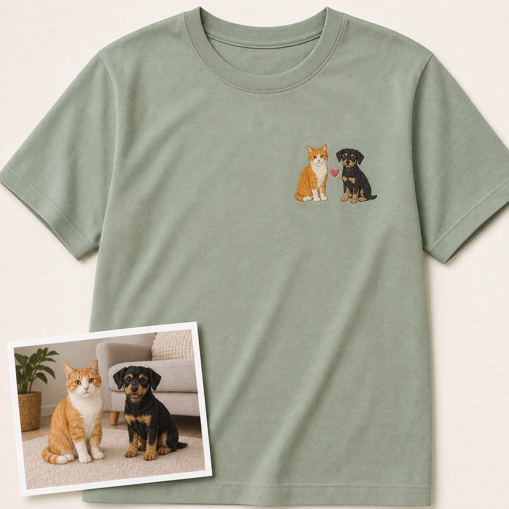Custom Two Pets Portrait Embroidered T-Shirt - Personalized Pet Family Gift main product image with custom left chest embroidery based on dog and cat best friends photo