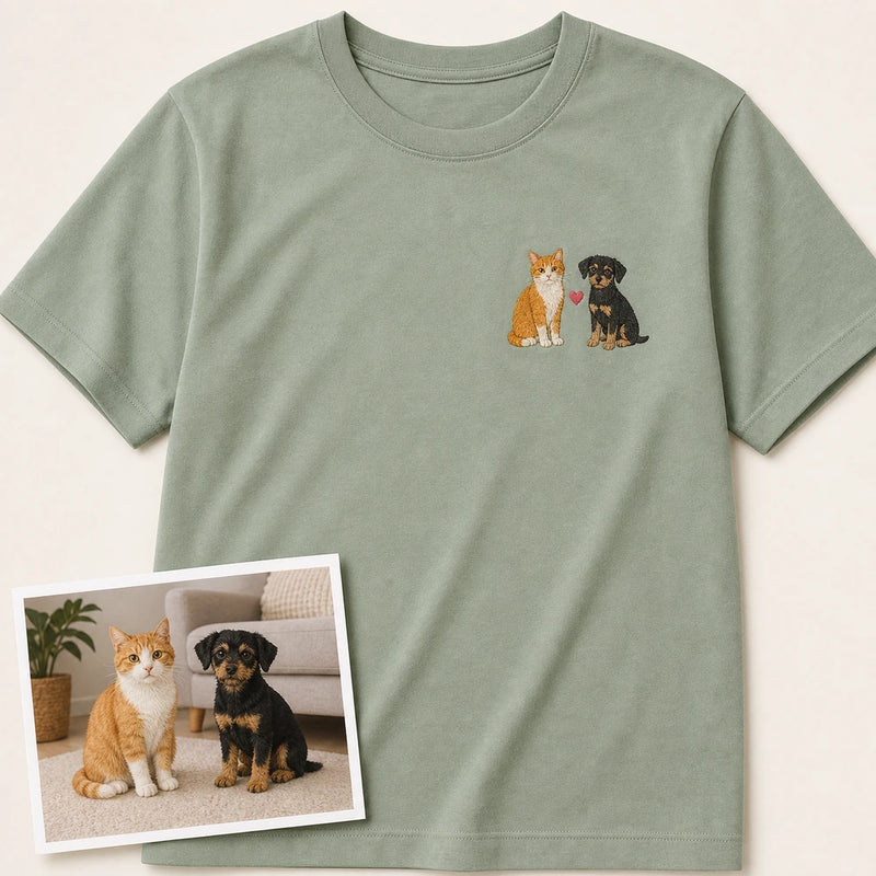 Custom Two Pets Portrait Embroidered T-Shirt - Personalized Pet Family Gift main product image with custom left chest embroidery based on dog and cat best friends photo