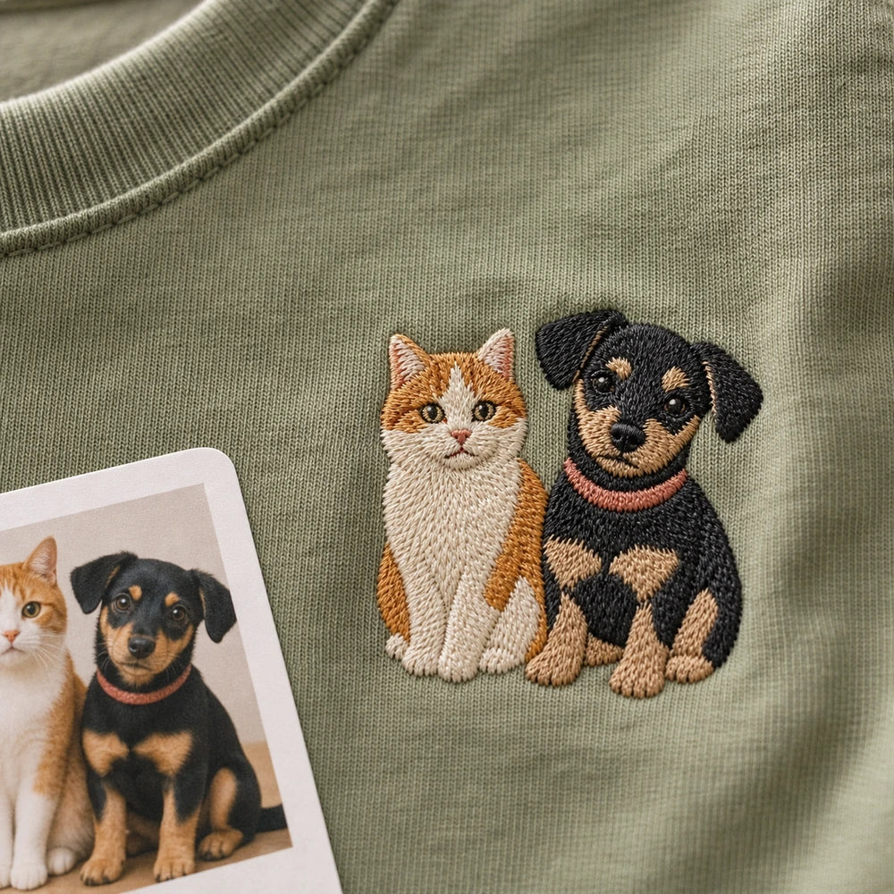 Custom Two Pets Portrait Embroidered T-Shirt - Personalized Pet Family Gift embroidery detail image with custom left chest embroidery based on dog and cat best friends photo