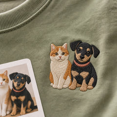 Custom Two Pets Portrait Embroidered T-Shirt - Personalized Pet Family Gift embroidery detail image with custom left chest embroidery based on dog and cat best friends photo