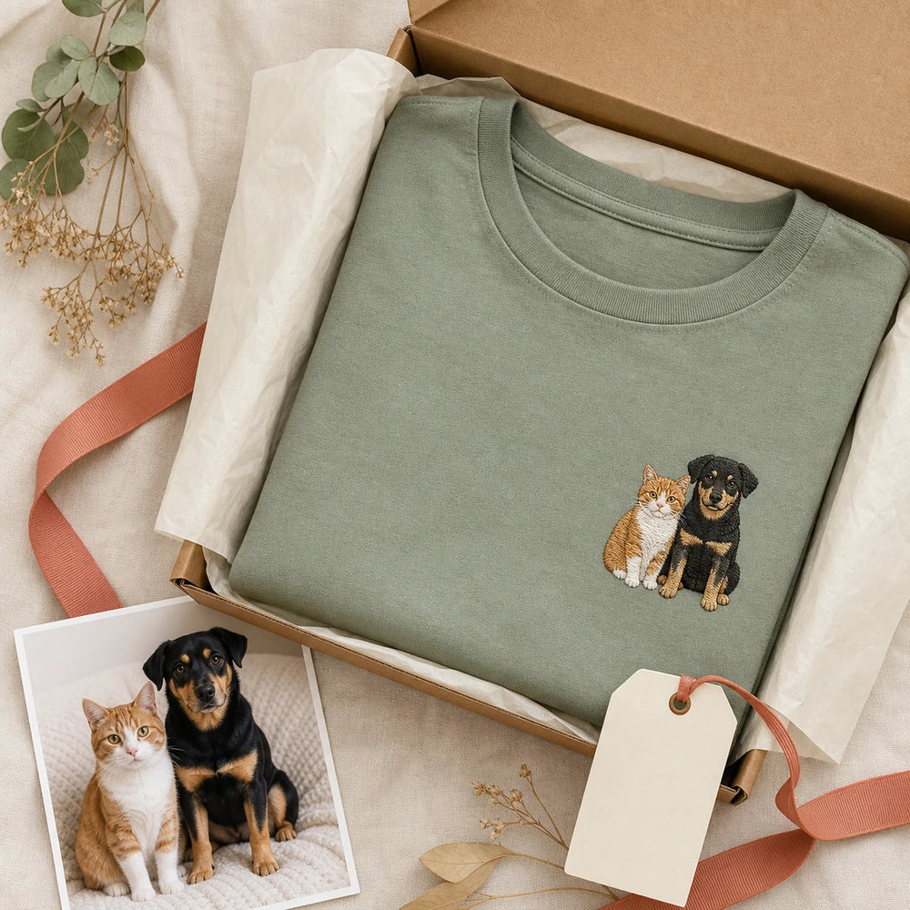 Custom Two Pets Portrait Embroidered T-Shirt - Personalized Pet Family Gift gift display image with custom left chest embroidery based on dog and cat best friends photo