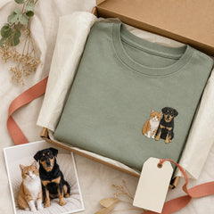 Custom Two Pets Portrait Embroidered T-Shirt - Personalized Pet Family Gift gift display image with custom left chest embroidery based on dog and cat best friends photo