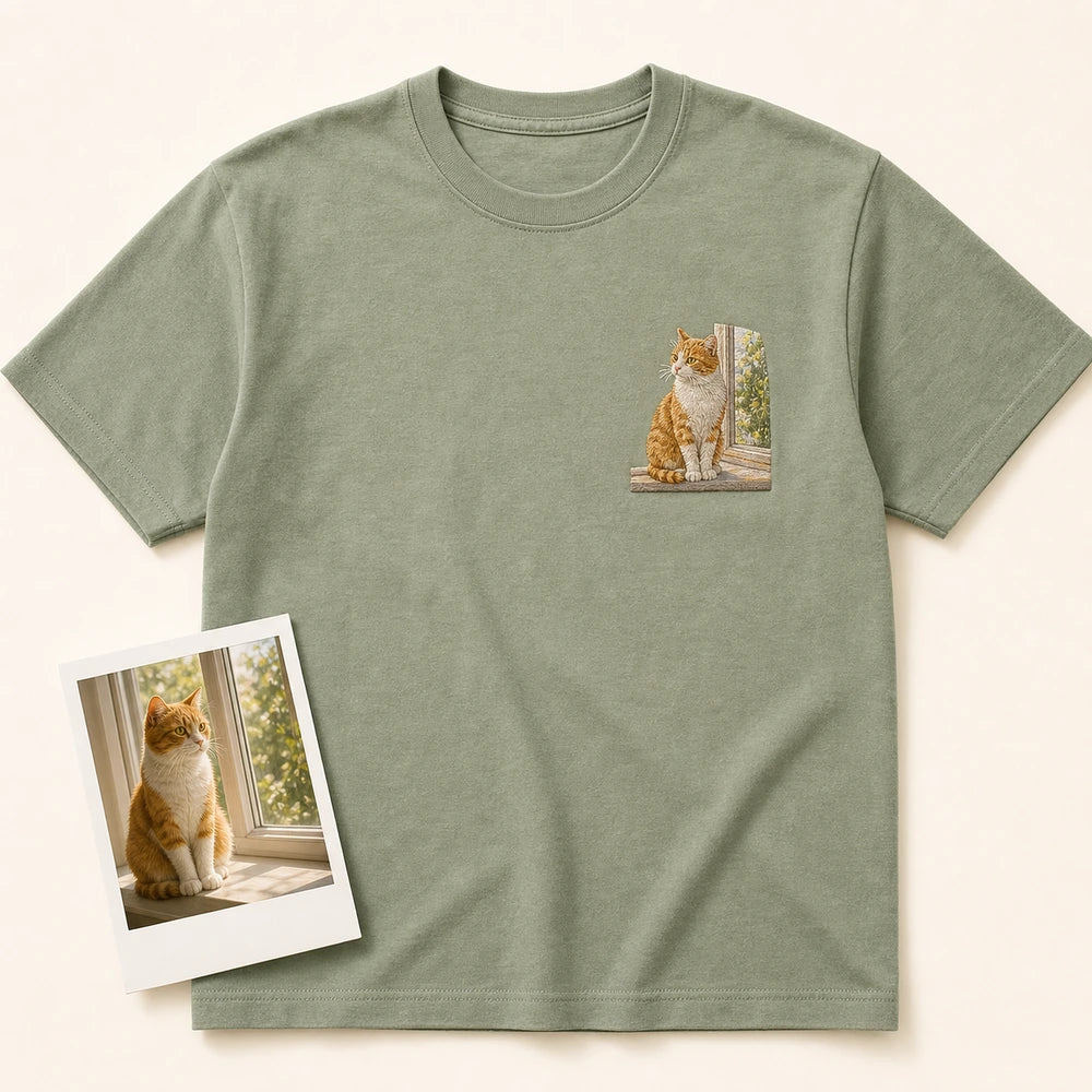 Custom Cat Window Portrait Embroidered T-Shirt - Personalized Cat Mom Gift main product image with custom left chest embroidery based on cat sitting in a sunny window photo