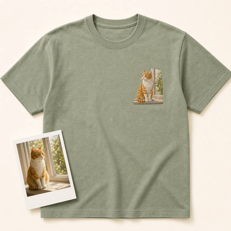 Custom Cat Window Portrait Embroidered T-Shirt - Personalized Cat Mom Gift main product image with custom left chest embroidery based on cat sitting in a sunny window photo