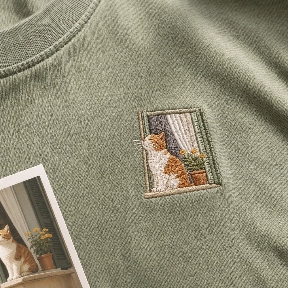 Custom Cat Window Portrait Embroidered T-Shirt - Personalized Cat Mom Gift embroidery detail image with custom left chest embroidery based on cat sitting in a sunny window photo