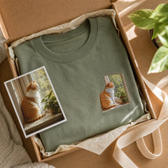 Custom Cat Window Portrait Embroidered T-Shirt - Personalized Cat Mom Gift gift display image with custom left chest embroidery based on cat sitting in a sunny window photo