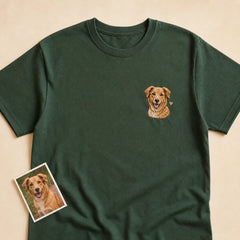 Custom Pet Adoption Day Portrait Embroidered T-Shirt - Personalized Gotcha Day Gift main product image with custom left chest embroidery based on newly adopted dog photo