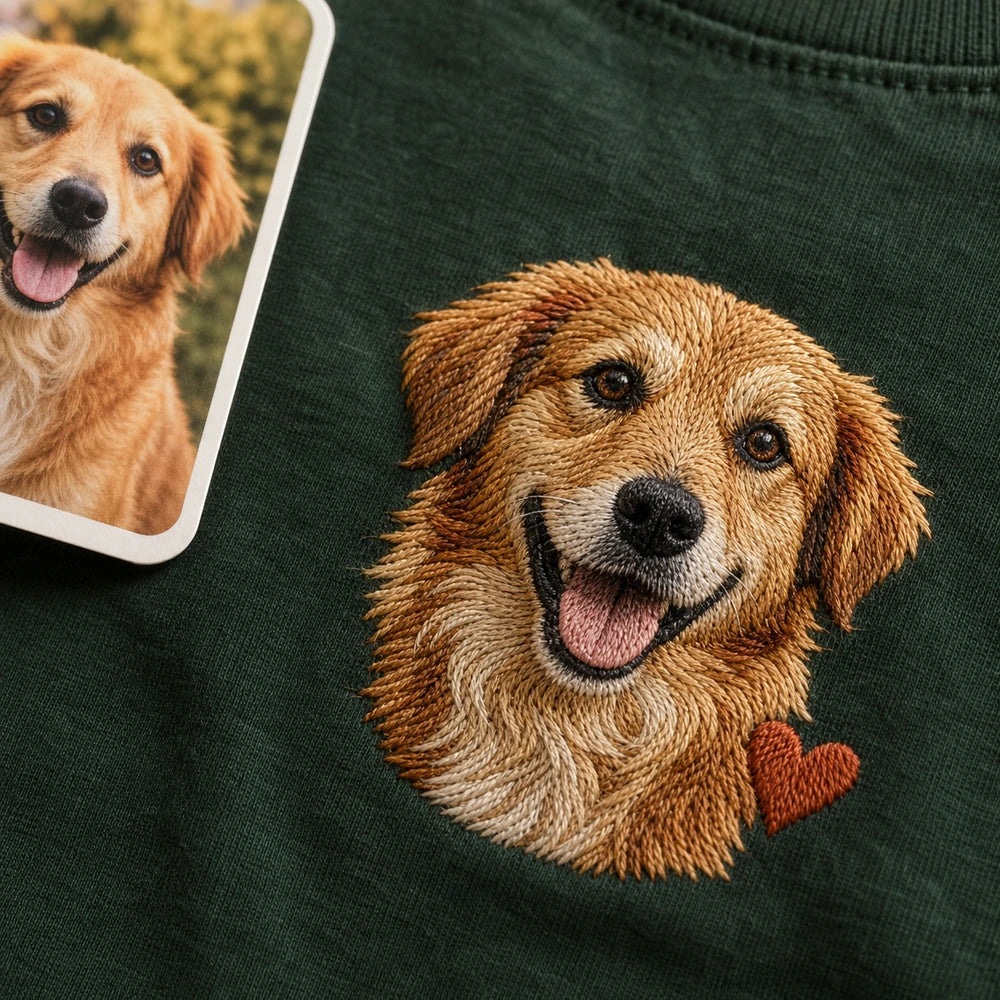Custom Pet Adoption Day Portrait Embroidered T-Shirt - Personalized Gotcha Day Gift embroidery detail image with custom left chest embroidery based on newly adopted dog photo