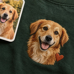 Custom Pet Adoption Day Portrait Embroidered T-Shirt - Personalized Gotcha Day Gift embroidery detail image with custom left chest embroidery based on newly adopted dog photo