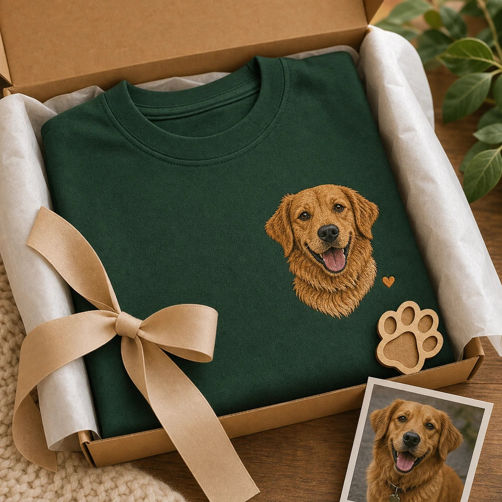 Custom Pet Adoption Day Portrait Embroidered T-Shirt - Personalized Gotcha Day Gift gift display image with custom left chest embroidery based on newly adopted dog photo